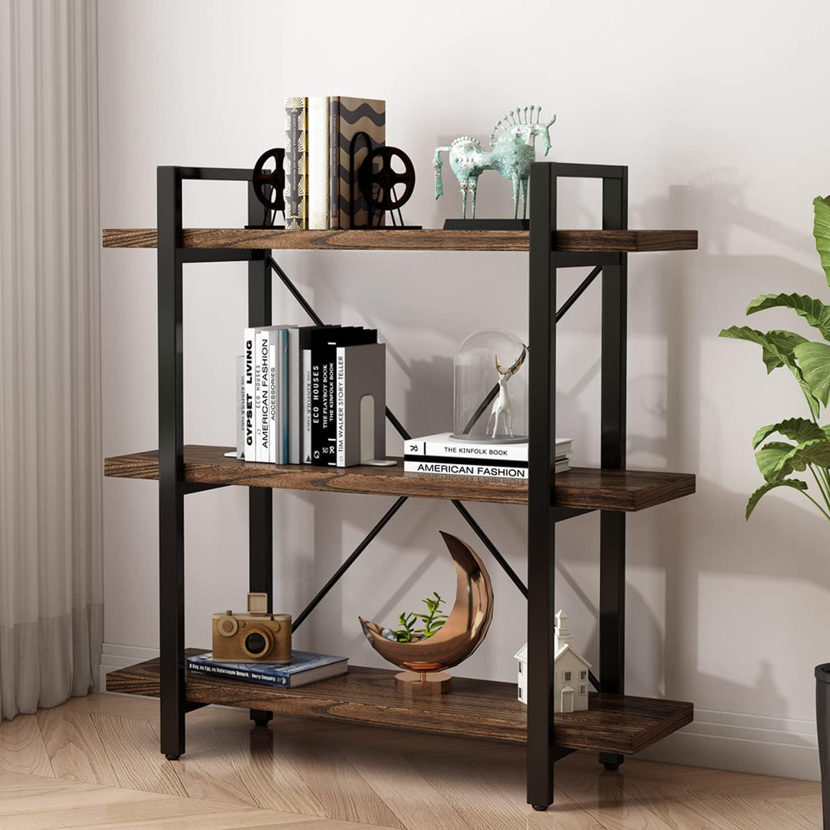 3 Tier Bookshelf Modern Rustic Open Bookshelf Office Solid Wood Bookcase and