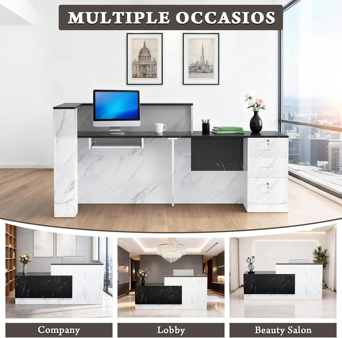 L-Shaped Large Wooden Reception Desk, Modern Front Desk Reception Counter wit...