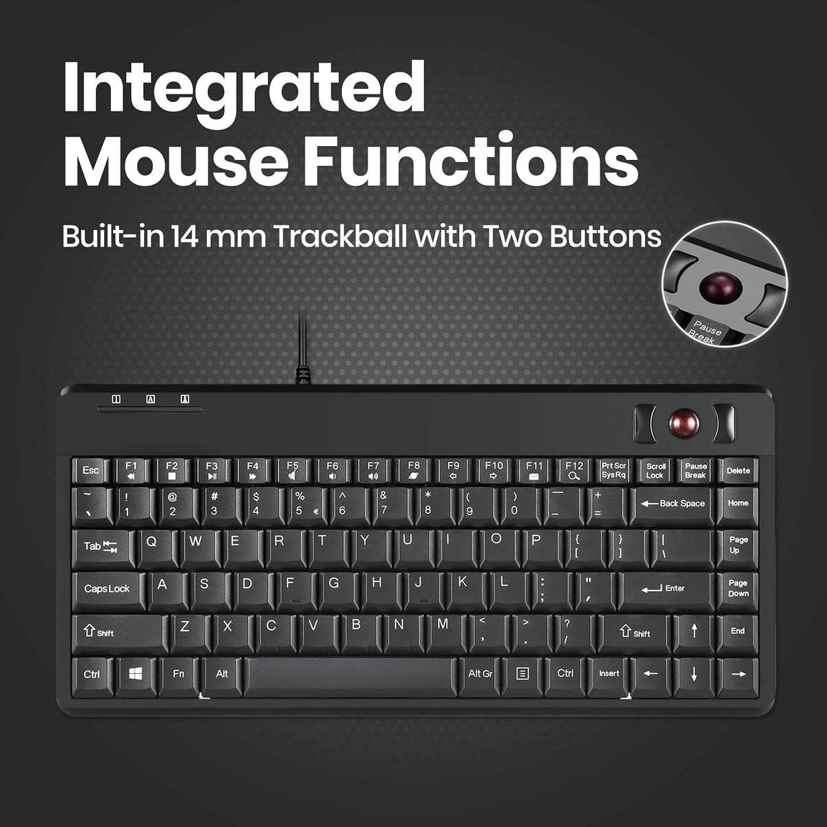 Perixx PERIBOARD-505H Wired Mini Keyboard with Built-in Trackball, 0.55 Inch ...