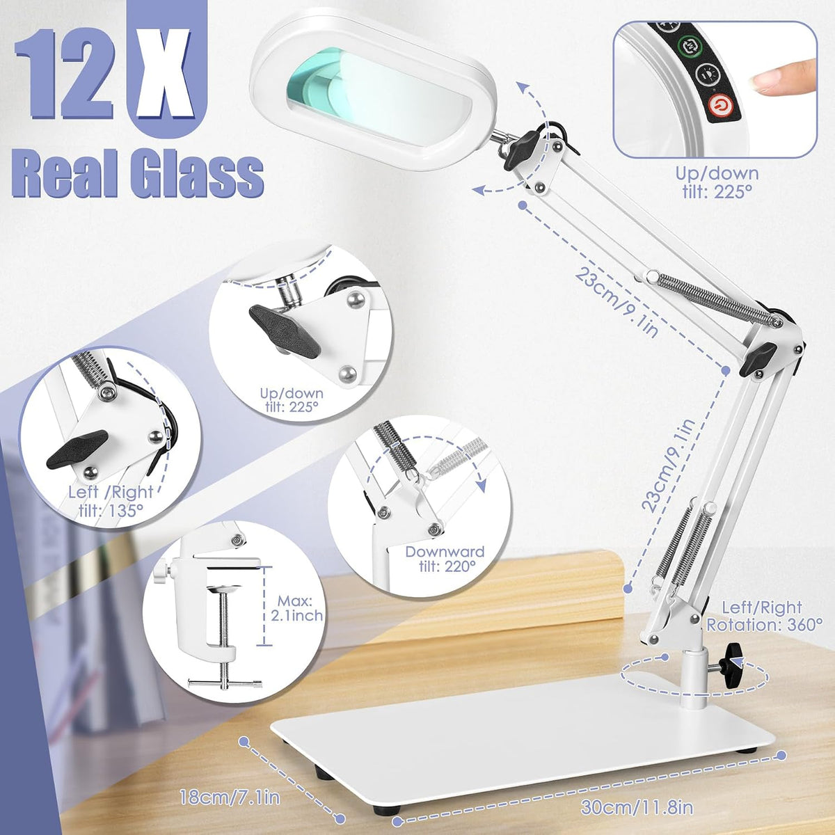 Drdefi 12X Square Magnifying Glass with Light and Stand, Real Glass LED Light...