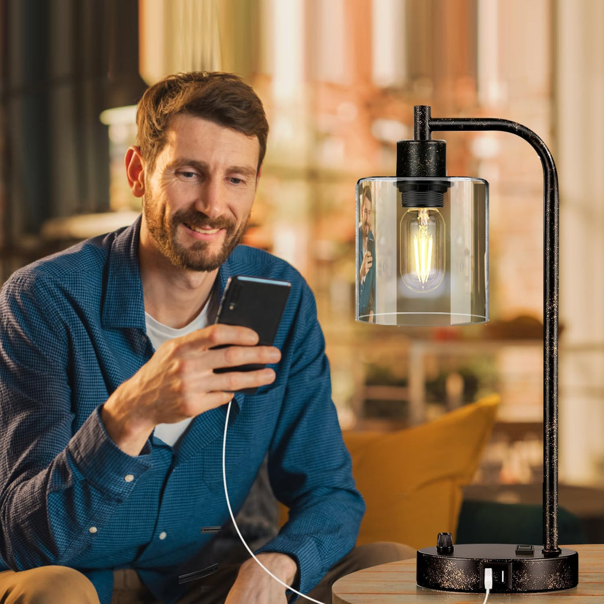 Set of 2 Industrial Table Lamps with USB Port, Rustic Black Fully Stepless Di...