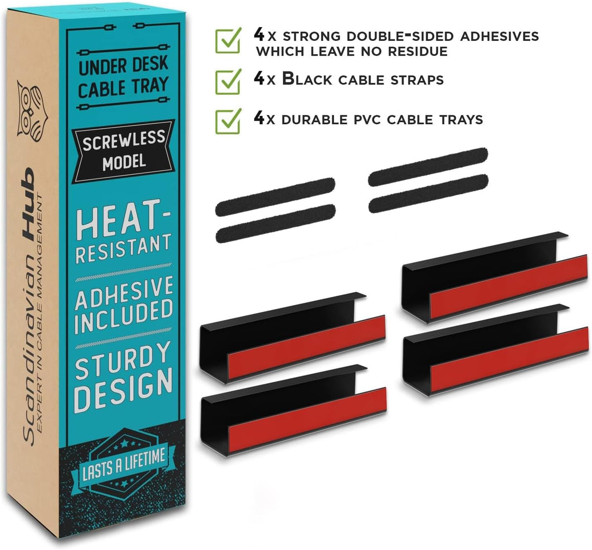 Scanfield Under Desk Cable Management Tray, No-Screw, 17-Inch, 4-Pack Black