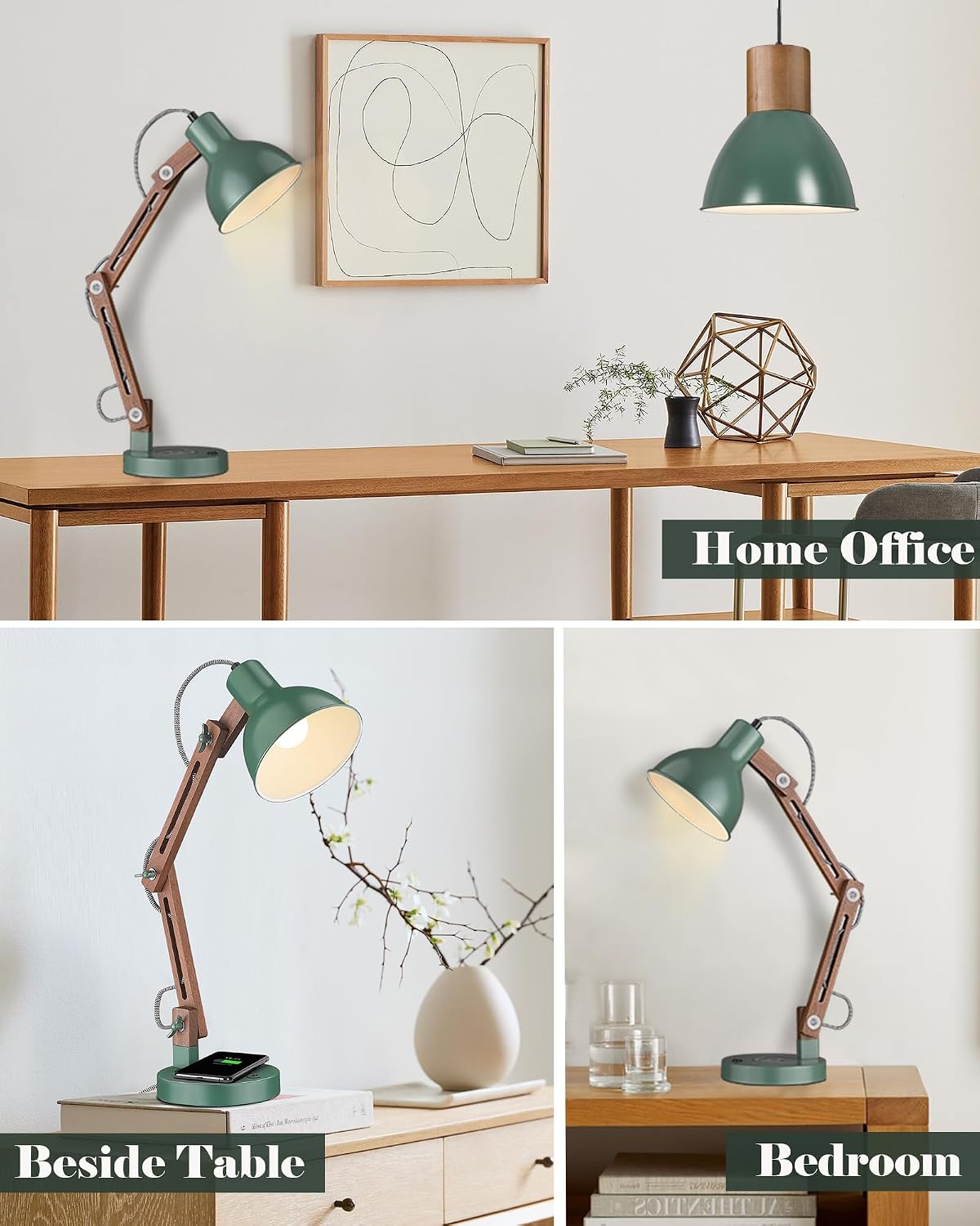 ELYONA LED Desk Lamp with Wireless Charger, Sapele Wood Reading Light with US...
