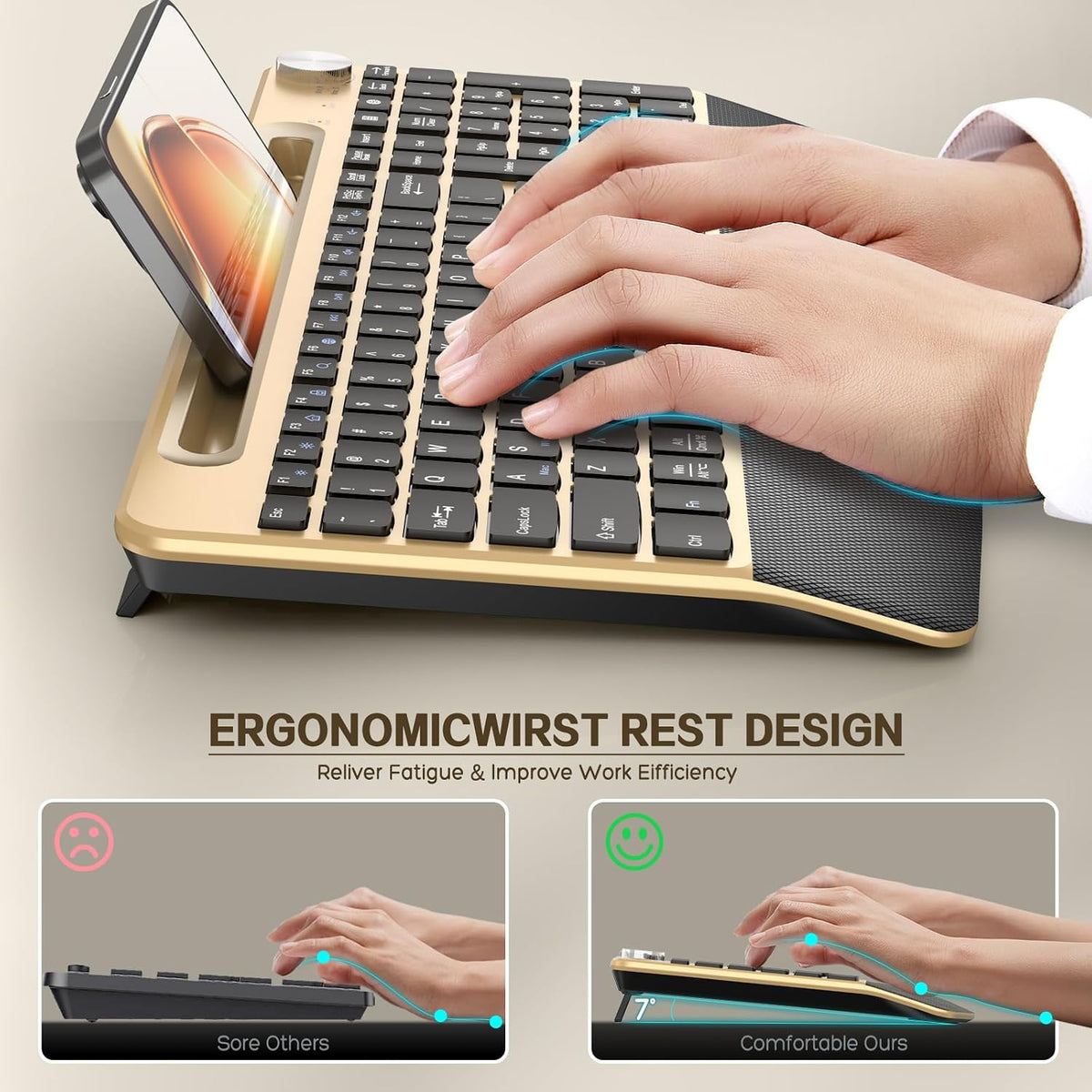 GAMCATZ Ergonomic Wireless Keyboard and Mouse with Wrist Rest，Phone Holder - ...