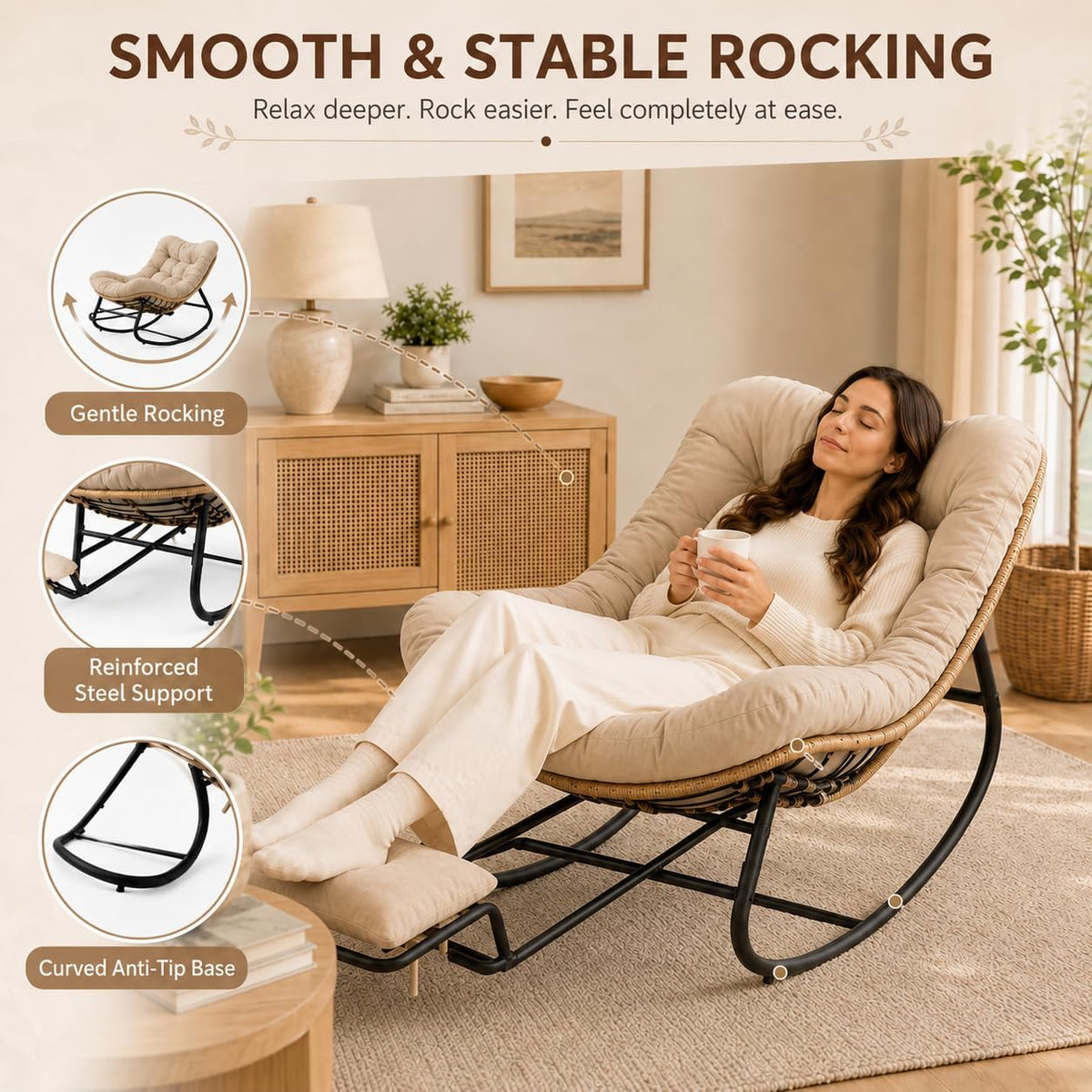 Oversized Rocking Chair with Zero-Gravity Foot Rest & Ottoman, Comfy Loun...