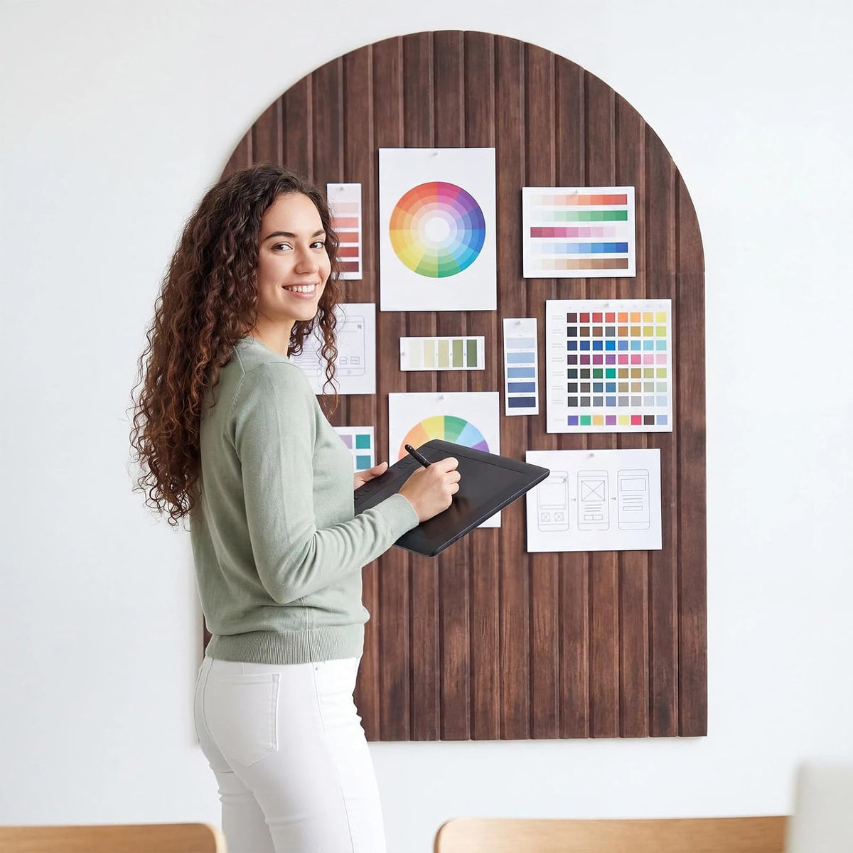 Mindsoft 35" x 24" Integrated Arched Felt Bulletin Board, Walnut Wo...