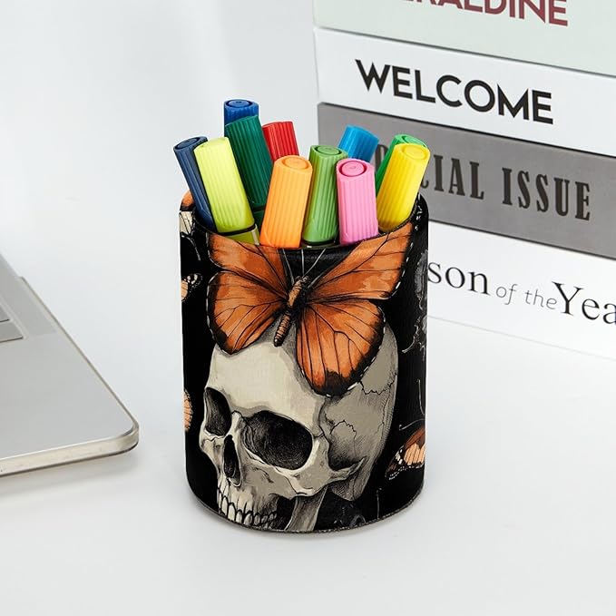Leather Pen Holder for Desk, Butterfly Skull Pencil Cup Desktop Organizer - Image 5