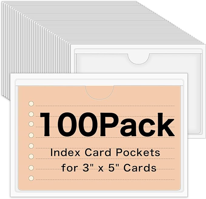 100 Pack Self-Adhesive 3" x 5" Index Card Pockets by BESARME