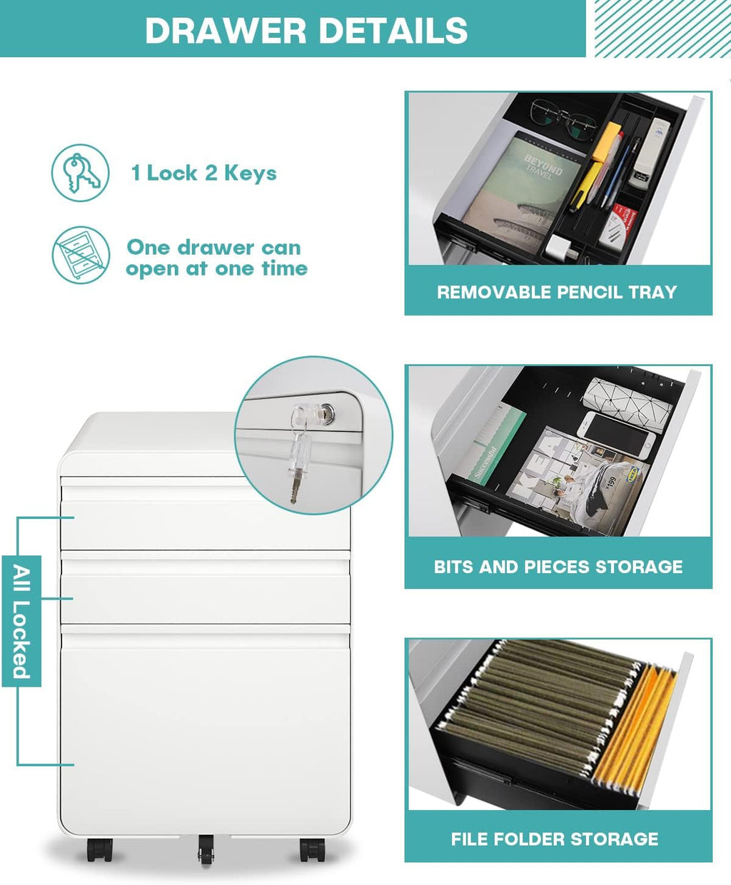 Dripex 3 Drawer Metal Rolling File Cabinet Under Desk Filing Cabinet White | 16"W x 18"D x 24"H, Lockable, 5 Wheels, Fully Assembled, Letter/Legal Size, Suitable for Home Office