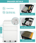 Dripex 3 Drawer Metal Rolling File Cabinet Under Desk Filing Cabinet White | 16"W x 18"D x 24"H, Lockable, 5 Wheels, Fully Assembled, Letter/Legal Size, Suitable for Home Office