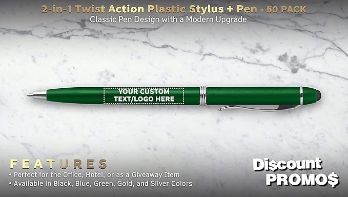 DISCOUNT PROMOS Custom Twist Action Plastic Stylus Pens, Personalized Bulk Pack - Image 2