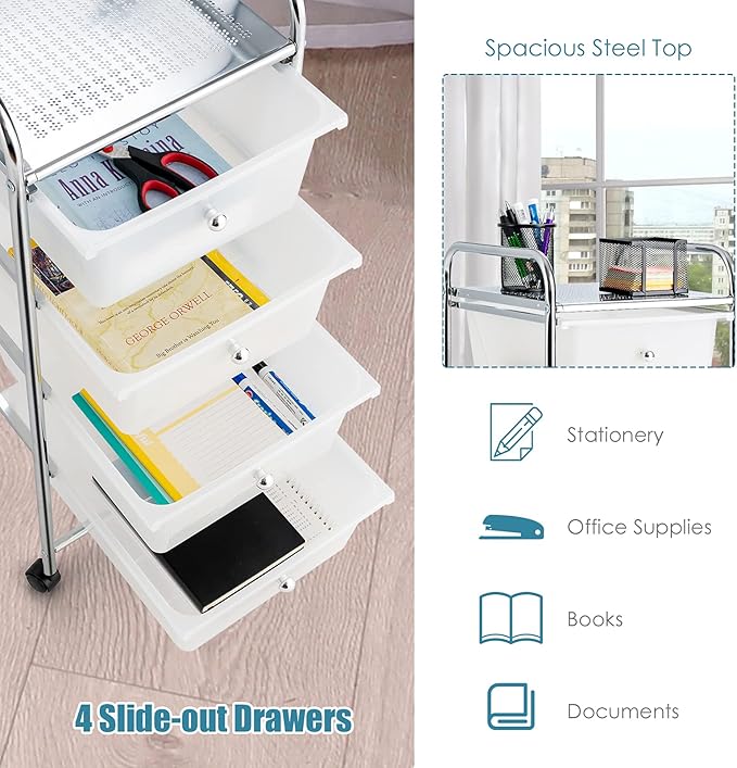 Giantex Rolling Cart with Drawers, Craft Organizer with Wheels, 4 Drawer - Image 6