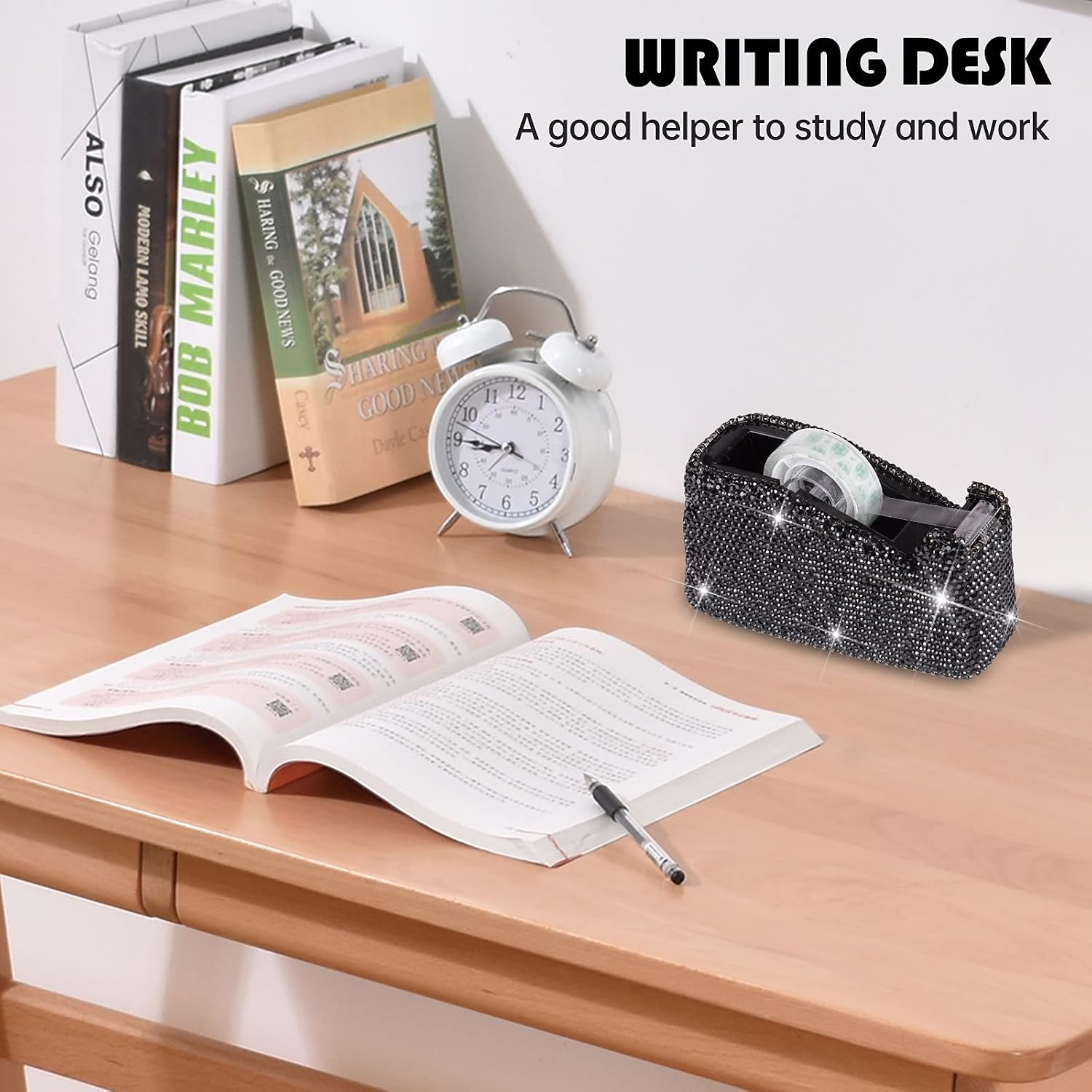 Bling Crystal Luxury Handmade Diamond Desktop Tape Dispenser for Fashion Girls Women (Black)