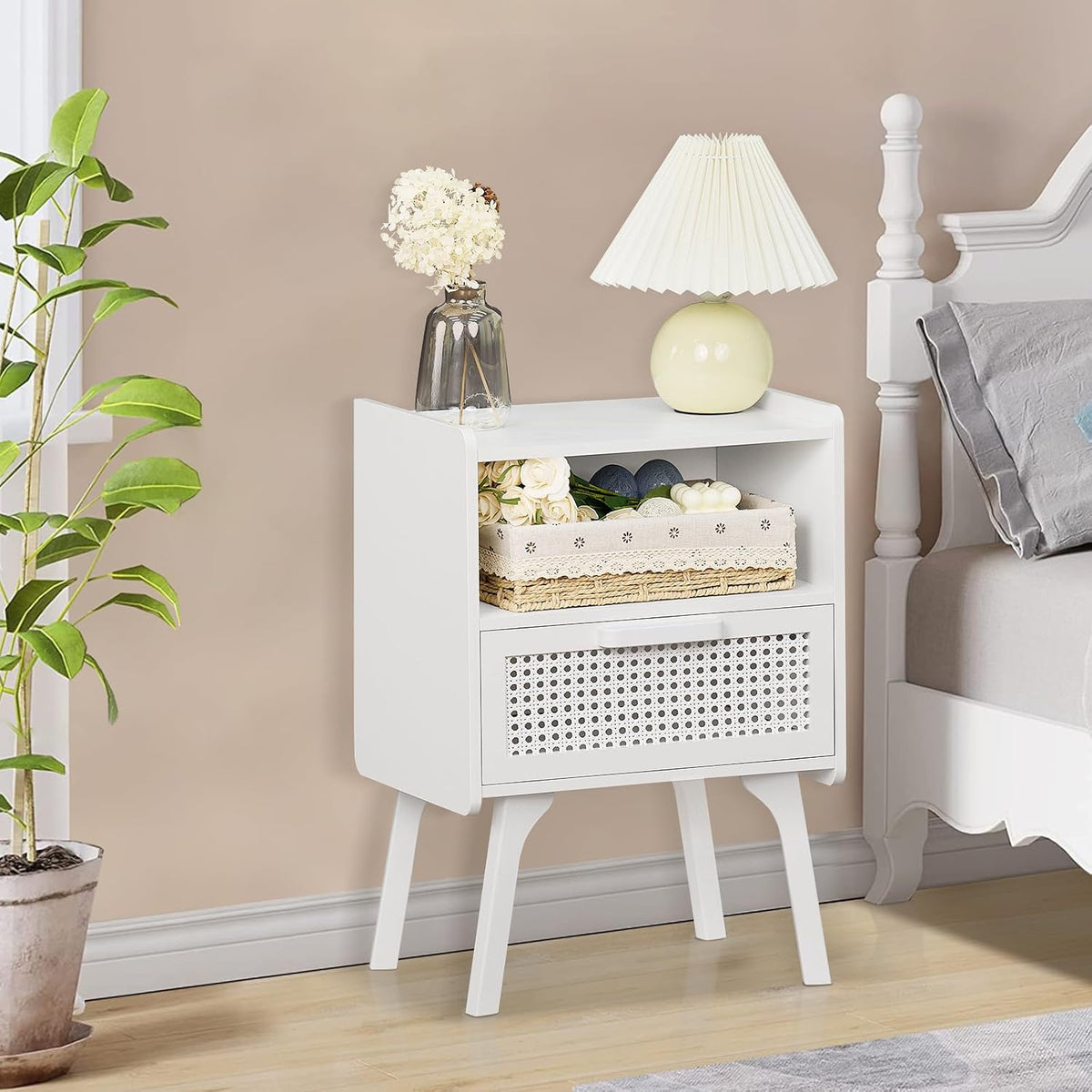 Lerliuo Rattan Nightstand, Side Table with Drawer Open Shelf