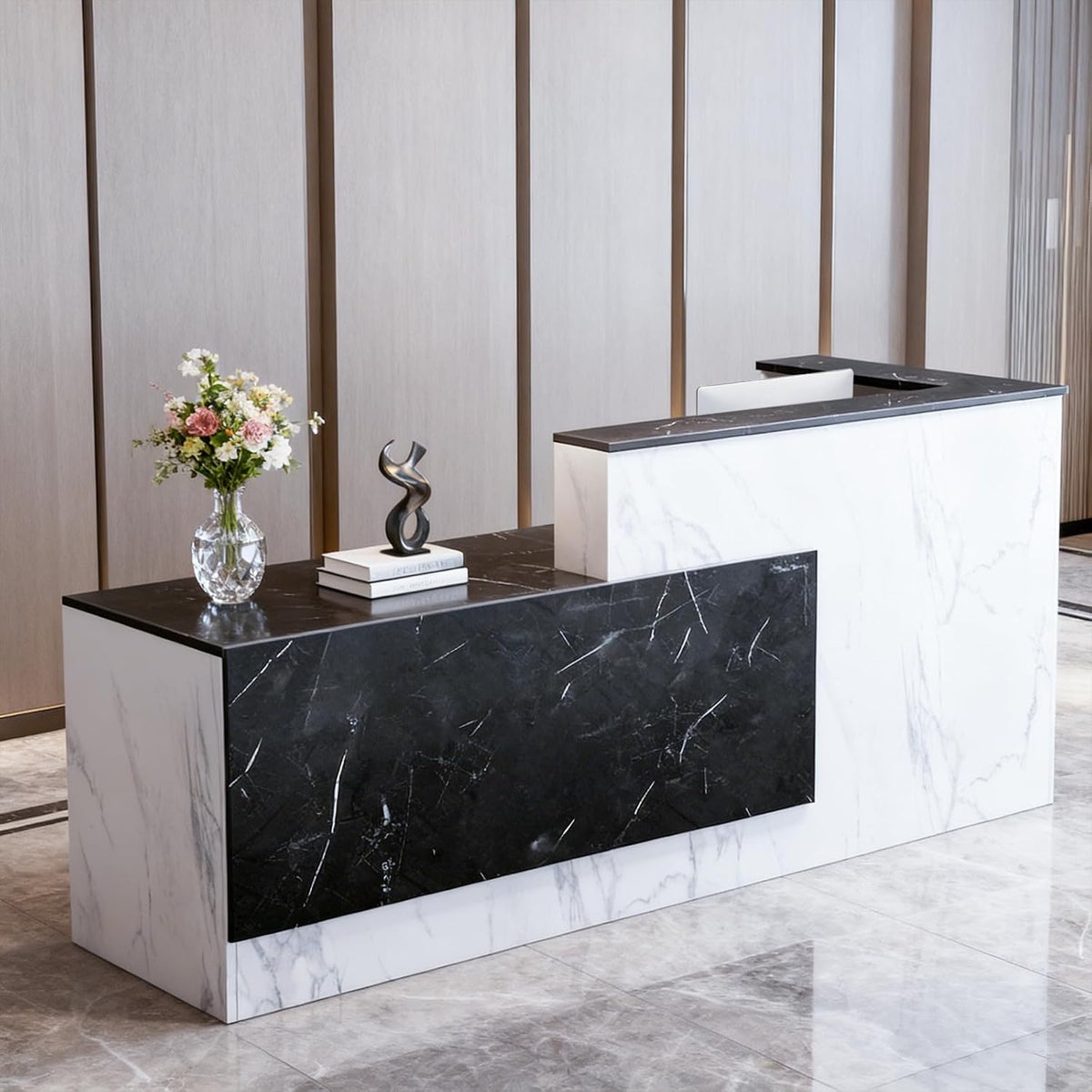 L-Shaped Large Wooden Reception Desk, Modern Front Desk Reception Counter wit...