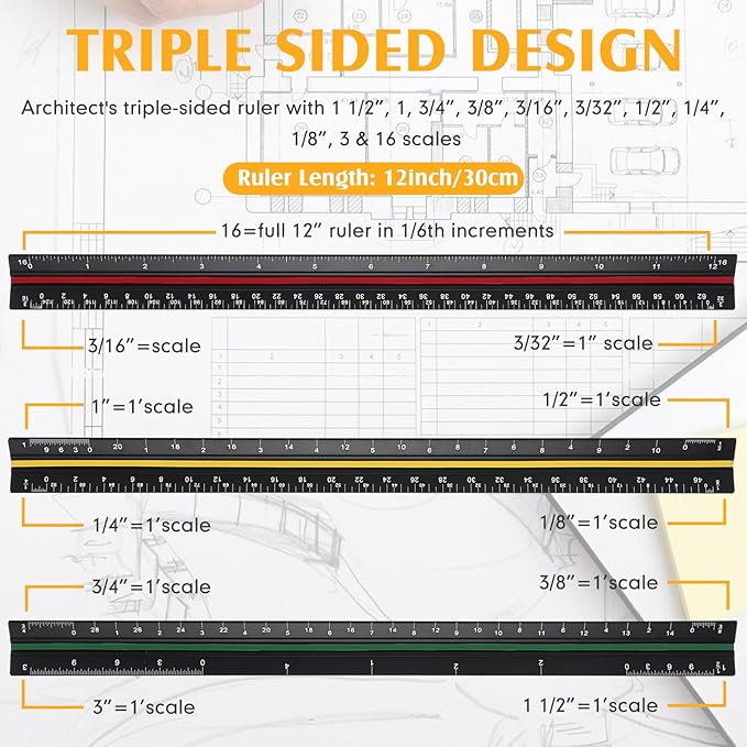 Macarrie 10 Pcs Architectural Scale Triangular Ruler 12" Architect Engineers - Image 3