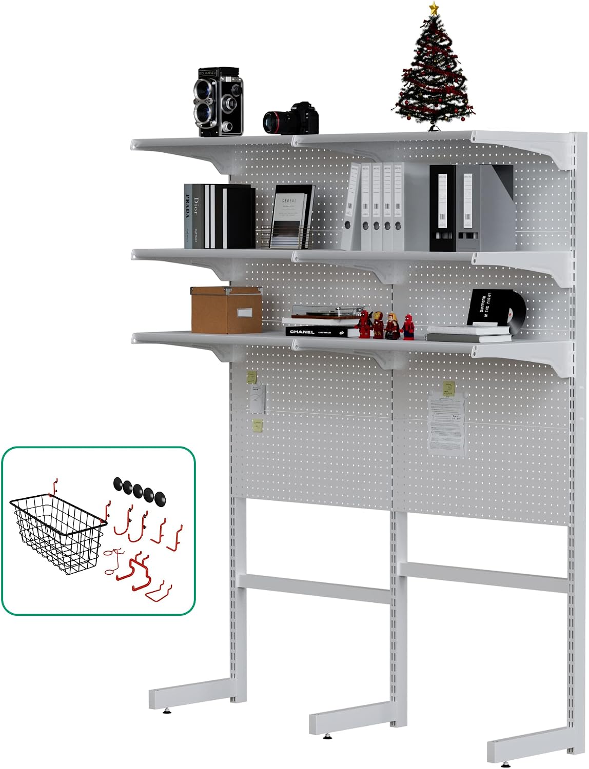 JWX Standing Pegboard Shelf Unit, White Gaming Home Office Garage Cabinets wi...