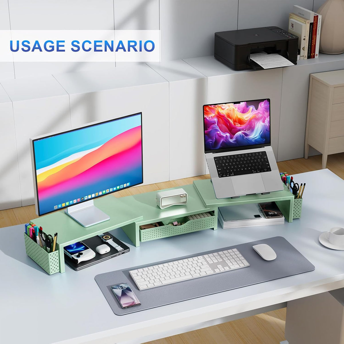 gianotter dual monitor stand riser with drawer and showing dimensions