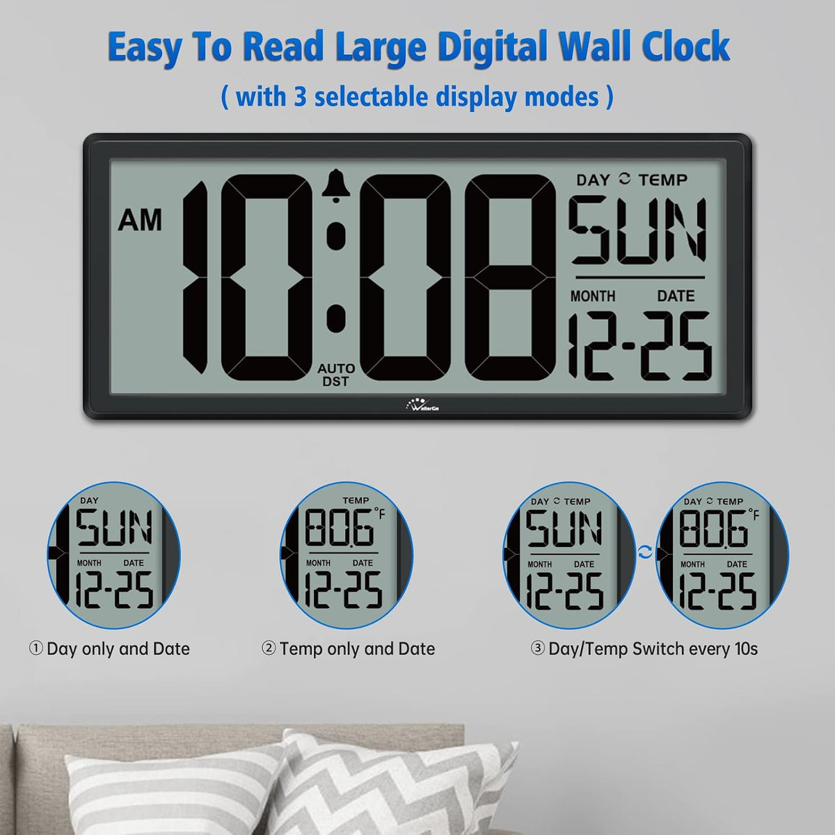 wallarge 14.5'' large digital wall clock battery operated, close-up detail