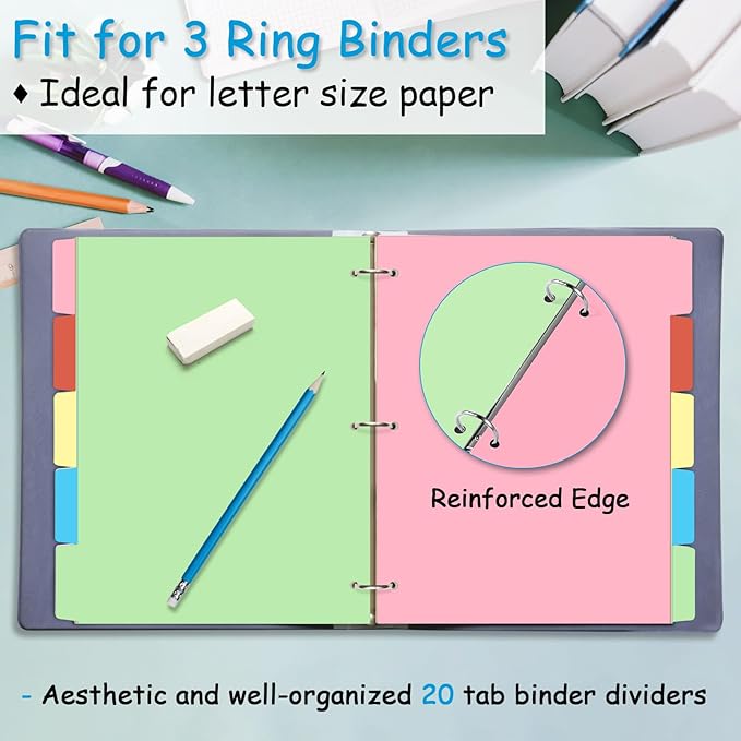 Binder Dividers for 3 Ring Binder, 1/5 Cut Tabs, Letter Size, Blank Write On - Image 4