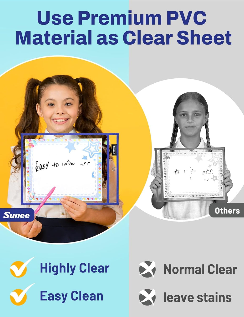 SUNEE 30 Packs Oversized Reusable Dry Erase Pocket Sleeves with 2 Rings, 10 Assorted Colors 10x14 Ticket Holders, Clear Plastic Sheet Protectors, Teacher School Classroom Supplies
