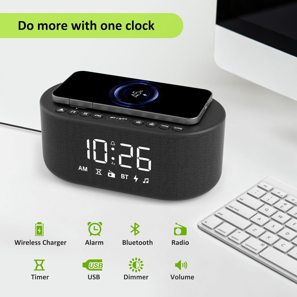 dreamsky alarm clock radio with wireless charging and shown in use