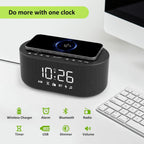dreamsky alarm clock radio with wireless charging and shown in use