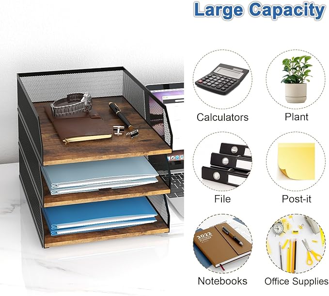 Natwind 3-Tier Stackable Paper Tray, Metal Mesh Desktop Organizer, Wood Board - Image 6