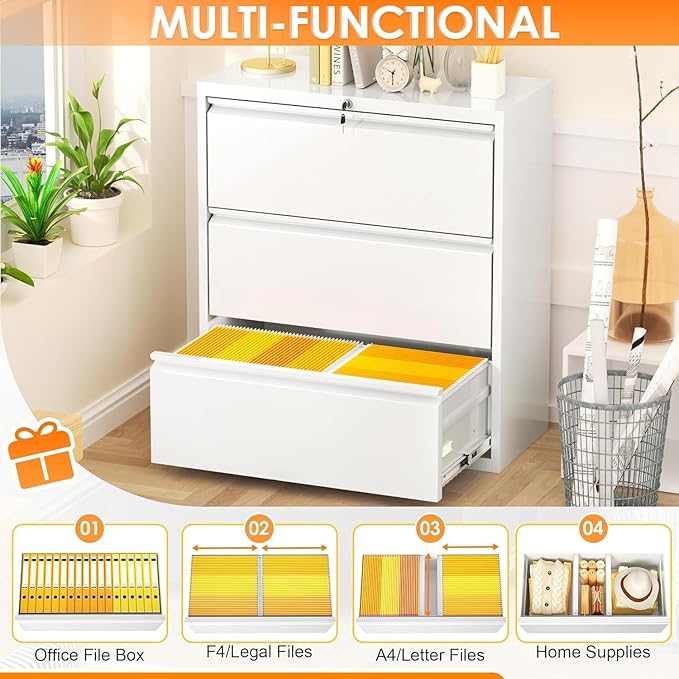INTERGREAT 3-Drawer White Lateral File Cabinet, Locking Metal Lateral Filing - Image 4