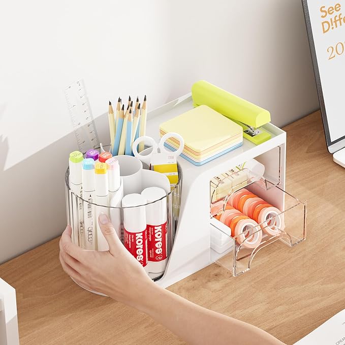 Marbrasse Desk Organizer with 2 Drawer, 360°Rotating Pen Holder, Desk - Image 6
