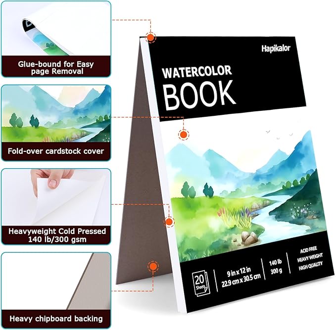 Watercolor Paper Pad, 140lb/300gsm Artist Painting Drawing Paper Book, Art - Image 2