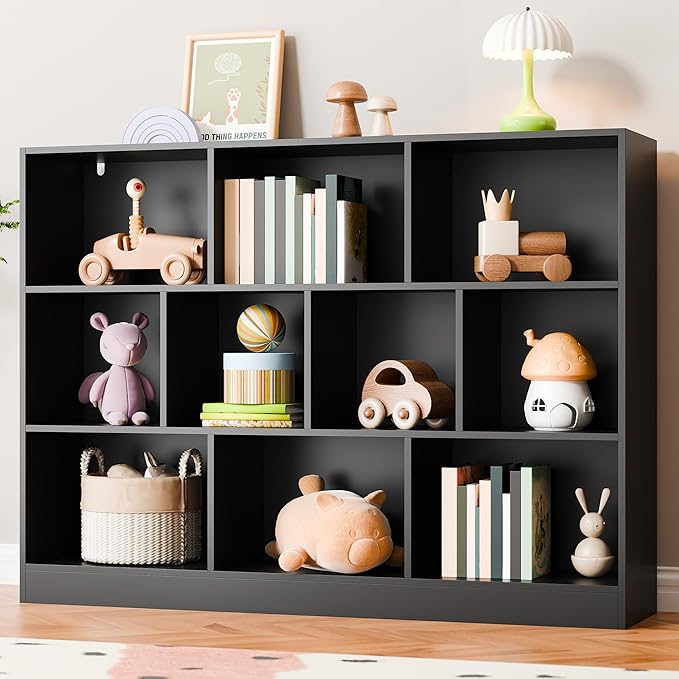 Cozy Castle Black Bookshelf, 3-Tier Open Shelf Bookcase, 10 Cube Storage by CozyCastle