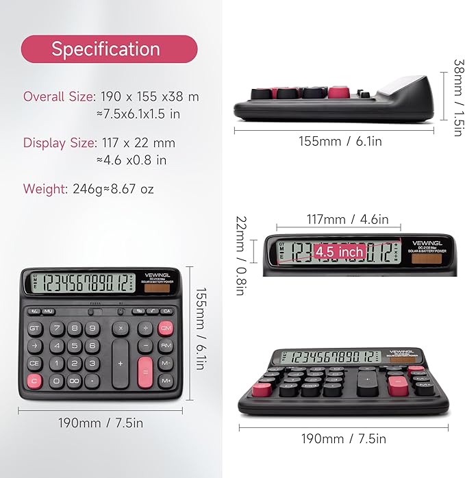 VEWINGL Desktop Calculator, 12-Digit Large LCD Display, Big Computer-Style Keys - Image 5