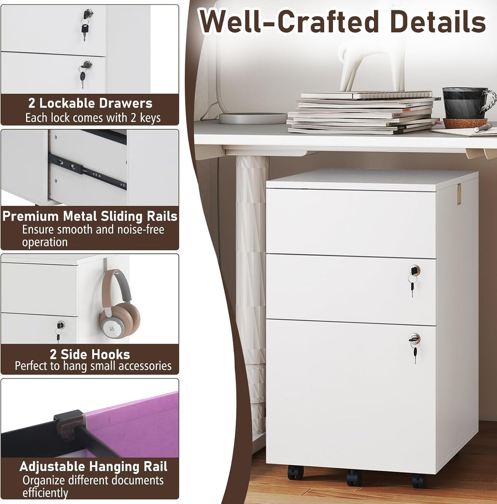 Giantex 3-Drawer File Cabinet with Lock, 27-Inches Storage Cabinet with 2 Side Hooks, Mobile Printer Stand, Wheels, 4 Keys, Vertical Filing Organizer fits Letter/A4 Size for Home Office (White)