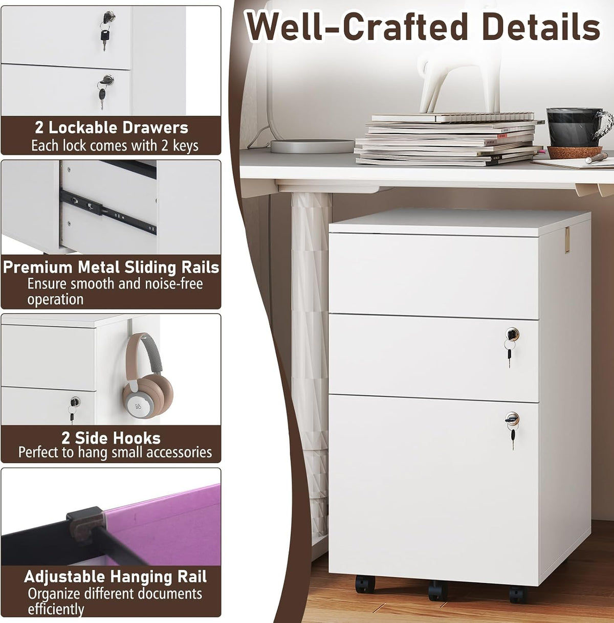 Giantex 3-Drawer File Cabinet with Lock, 27-Inches Storage Cabinet with 2 Side Hooks, Mobile Printer Stand, Wheels, 4 Keys, Vertical Filing Organizer fits Letter/A4 Size for Home Office (White)