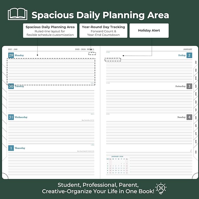 IN-LUXPRO Planner 2026 Daily Weekly and Monthly, 11.5"x8.5", 12 Months Spiral - Image 3