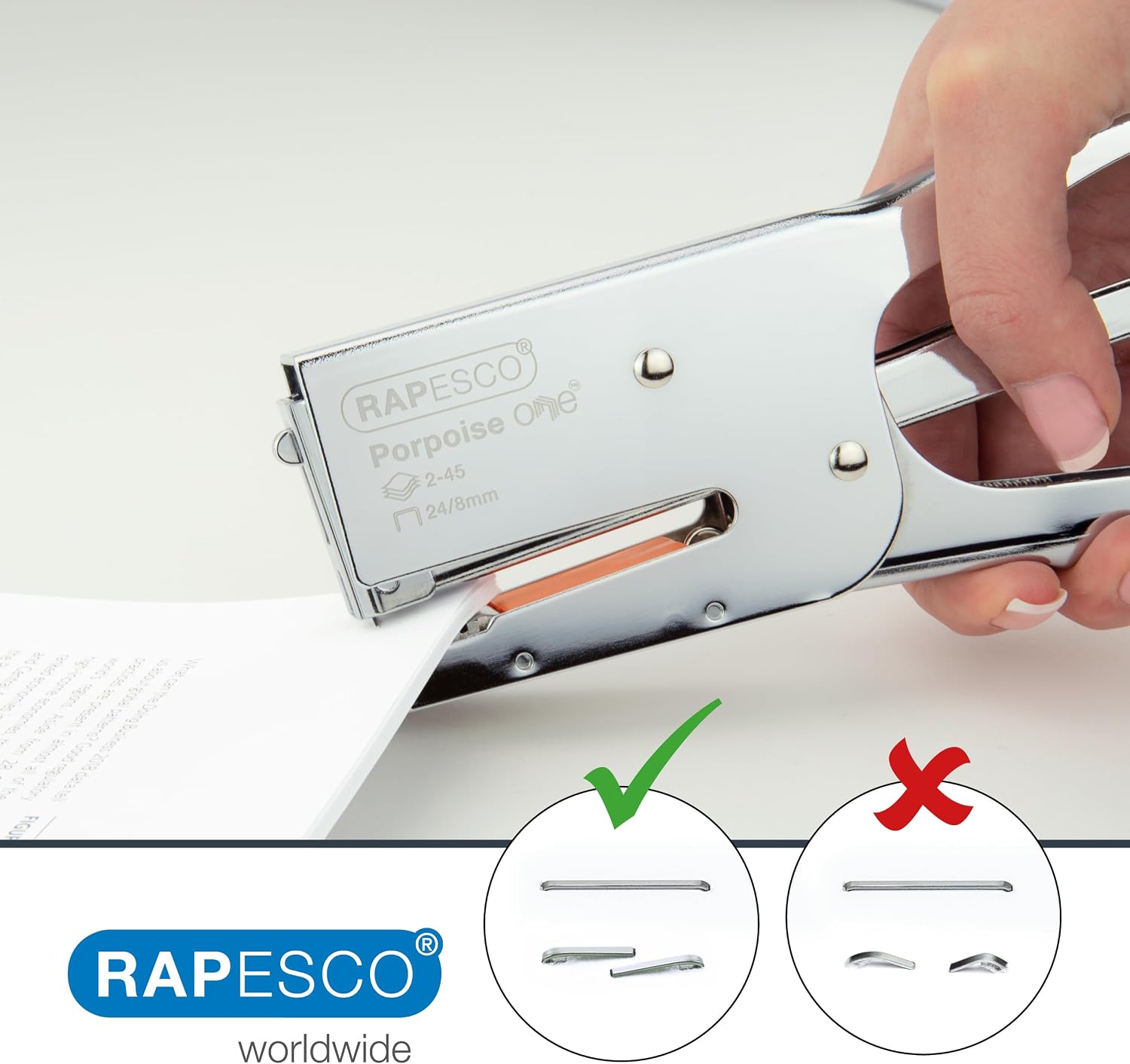 Rapesco 1626 Porpoise ONE Bypass Stapling Plier, 45 Sheet Capacity, Chrome | Bypass Stapling System, All-Metal Construction, Includes 1000 High Capacity 5/16" Staples, Storage Bag, 2-45 Sheet Range