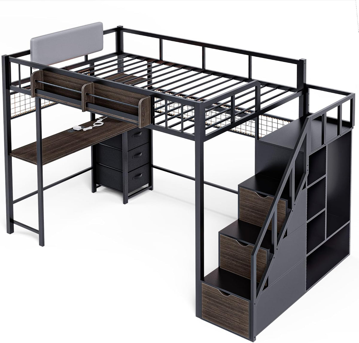 Kikihouse Loft Bed with Desk and Stairs, Headboard, Outlet (Black, Full)