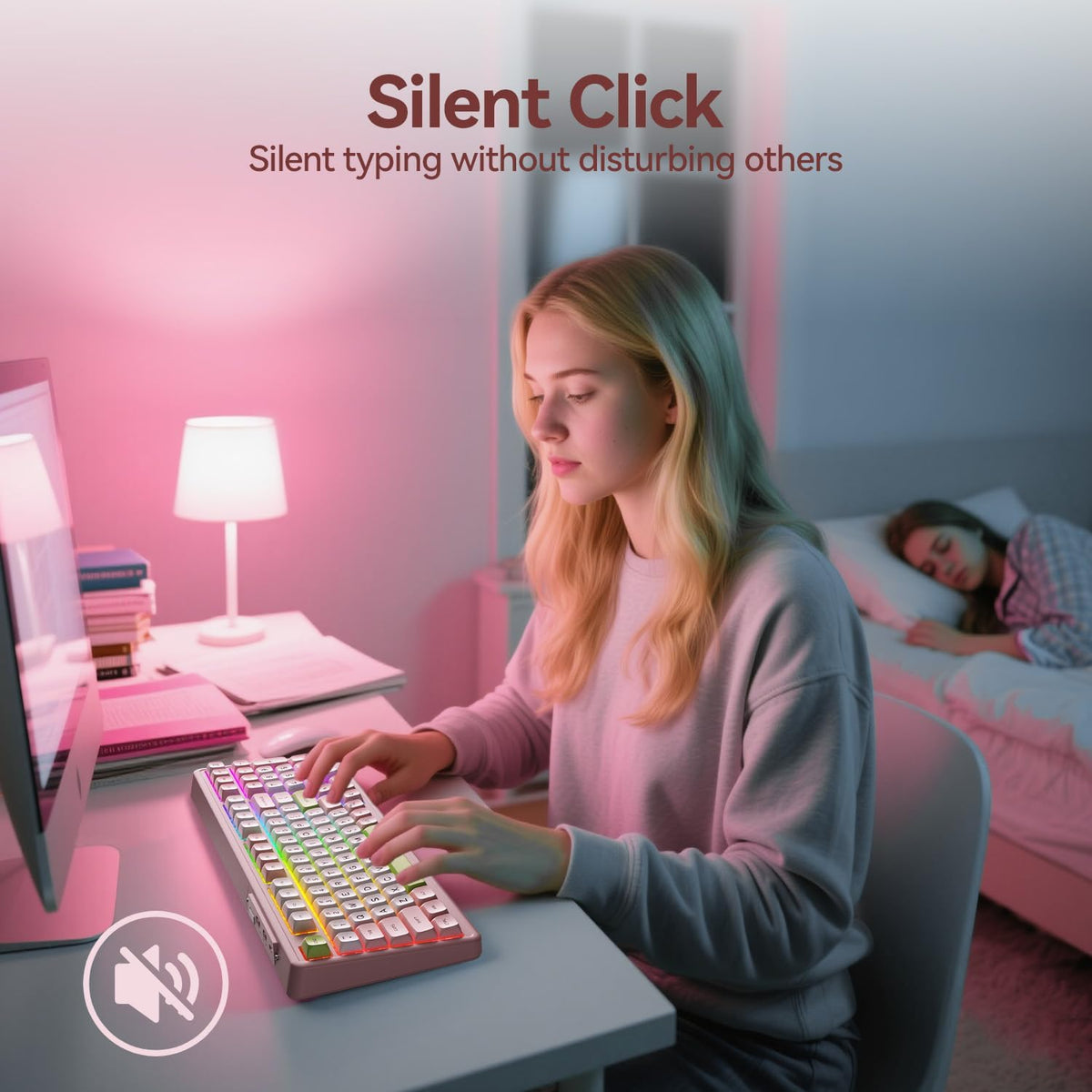 AUSDOM H98 Pink Creamy Mechanical Keyboard, 96% Silent Quiet Wireless Keyboar...