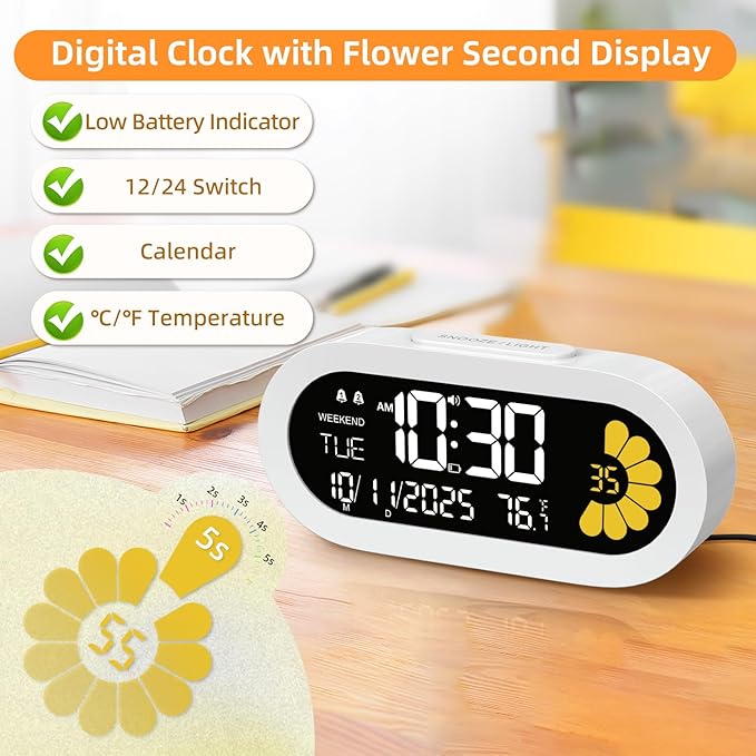 DOOMAY Digital Alarm Clock for Bedroom: Dual Alarm Bedside Clock VA LCD Display - Image 5