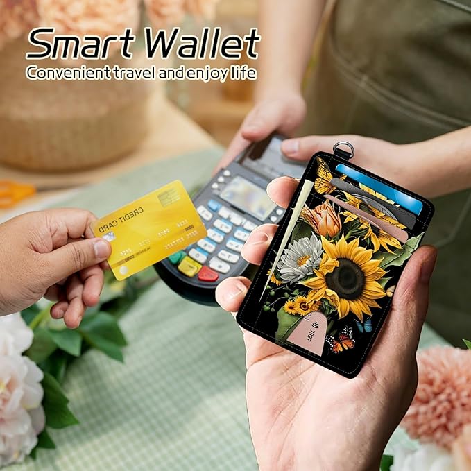 BWEGRHE Small Travel Wallets, Sunflowers Butterfly Slim Minimalist Front Pocket - Image 4