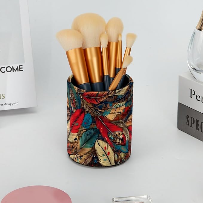 Leather Pen Holder for Desk, Colorful feathers Pencil Cup Desktop Organizer - Image 6