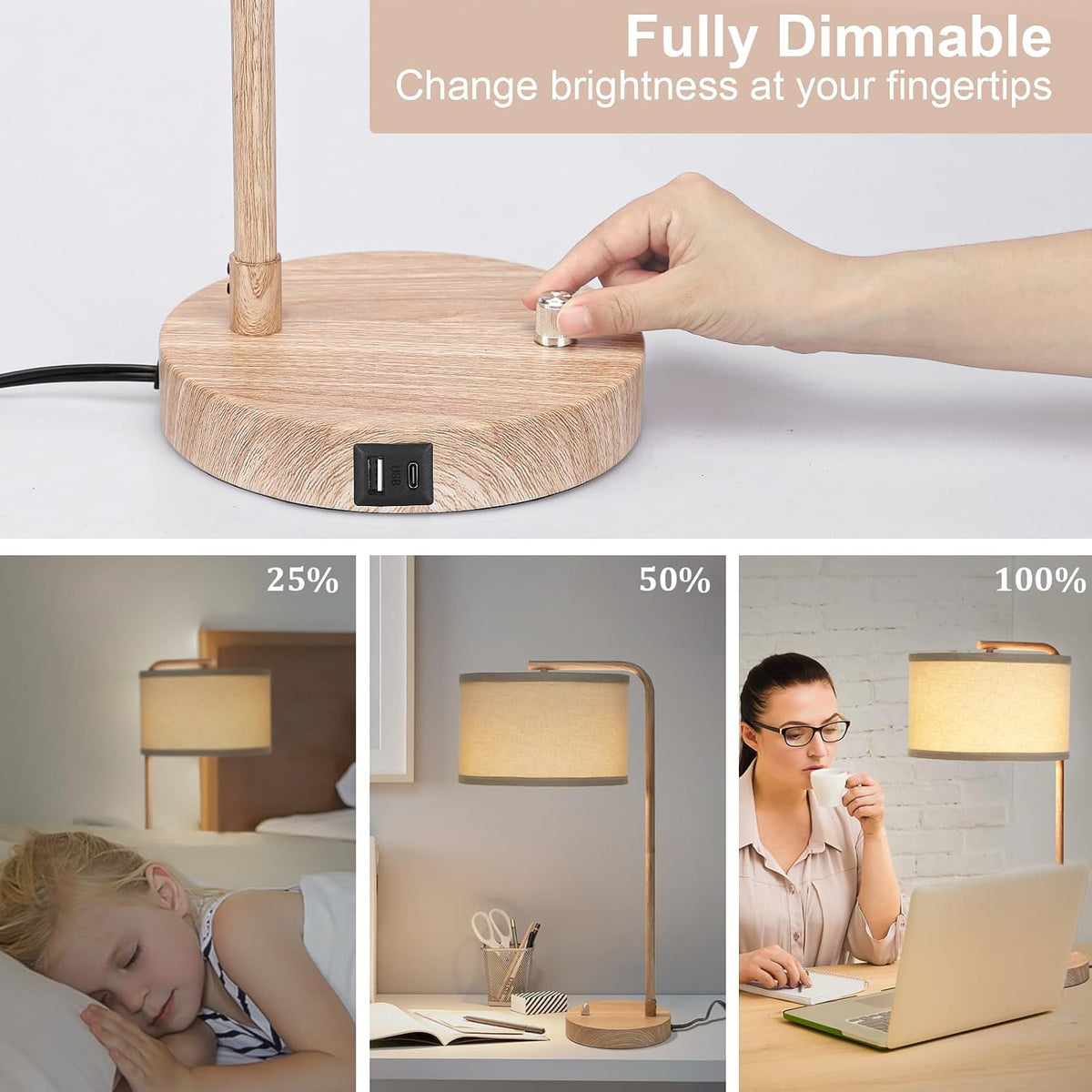 Farmhouse Table Lamp, Fully Dimmable Tall Bedisde Lamp with USB C+A Ports