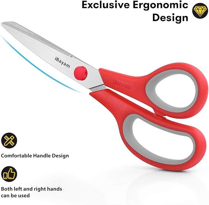 Scissors, iBayam 8" All Purpose Scissors Bulk 3-Pack, Ultra Sharp 2.5mm Thick - Image 3