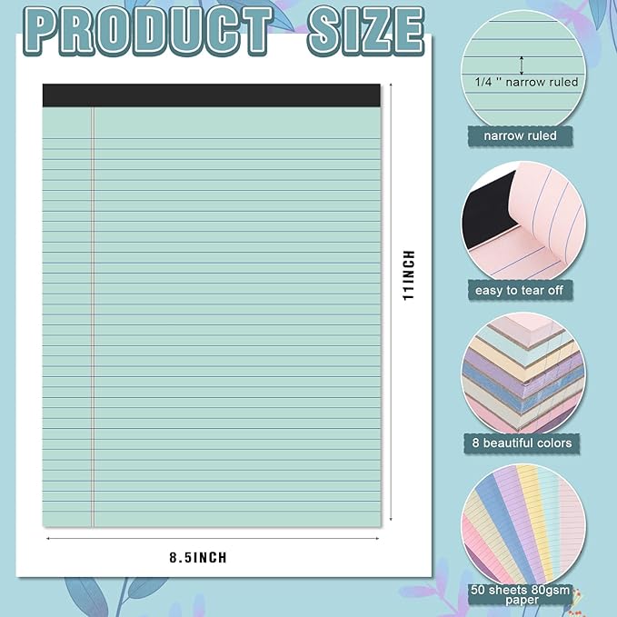 Fuutreo 8 Pcs 8.5'' x 11'' Colored Legal Pad Writing Pads Narrow Ruled 50 - Image 2