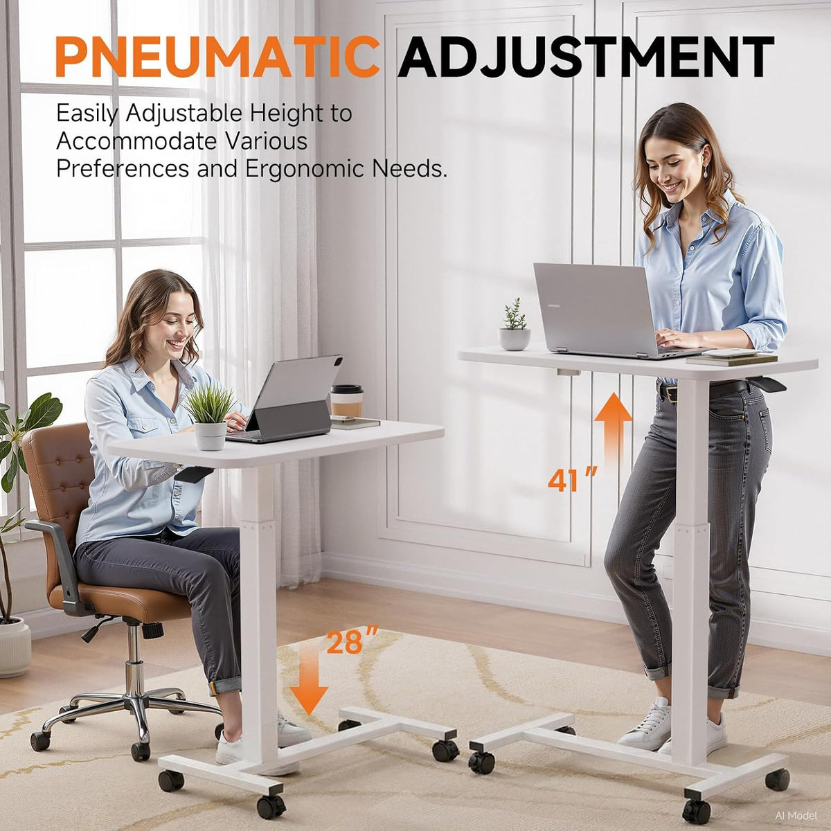 GTPLAYER Small Standing Desk with Wheels, Pneumatic Mobile Rolling Laptop Des...