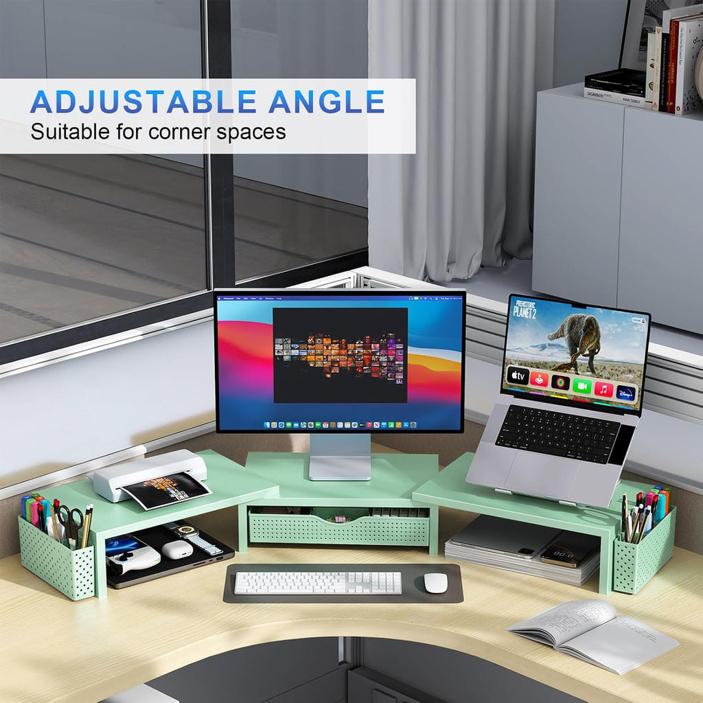 gianotter dual monitor stand riser with drawer and, close-up detail