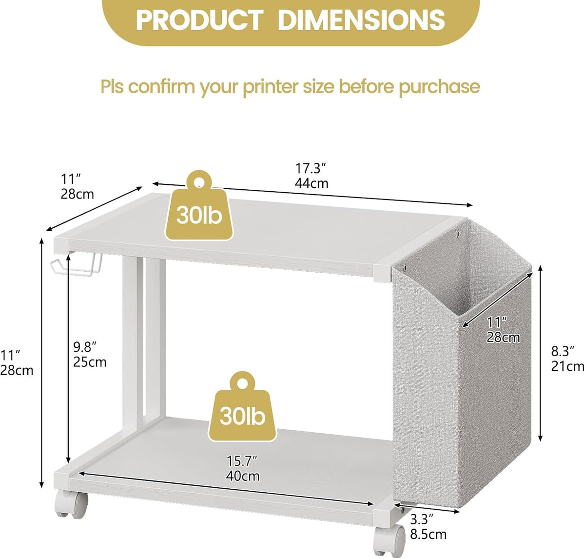 VEDECASA 2 Tier Modern White Wooden Under Desk Printer Stand with Storage Bag...
