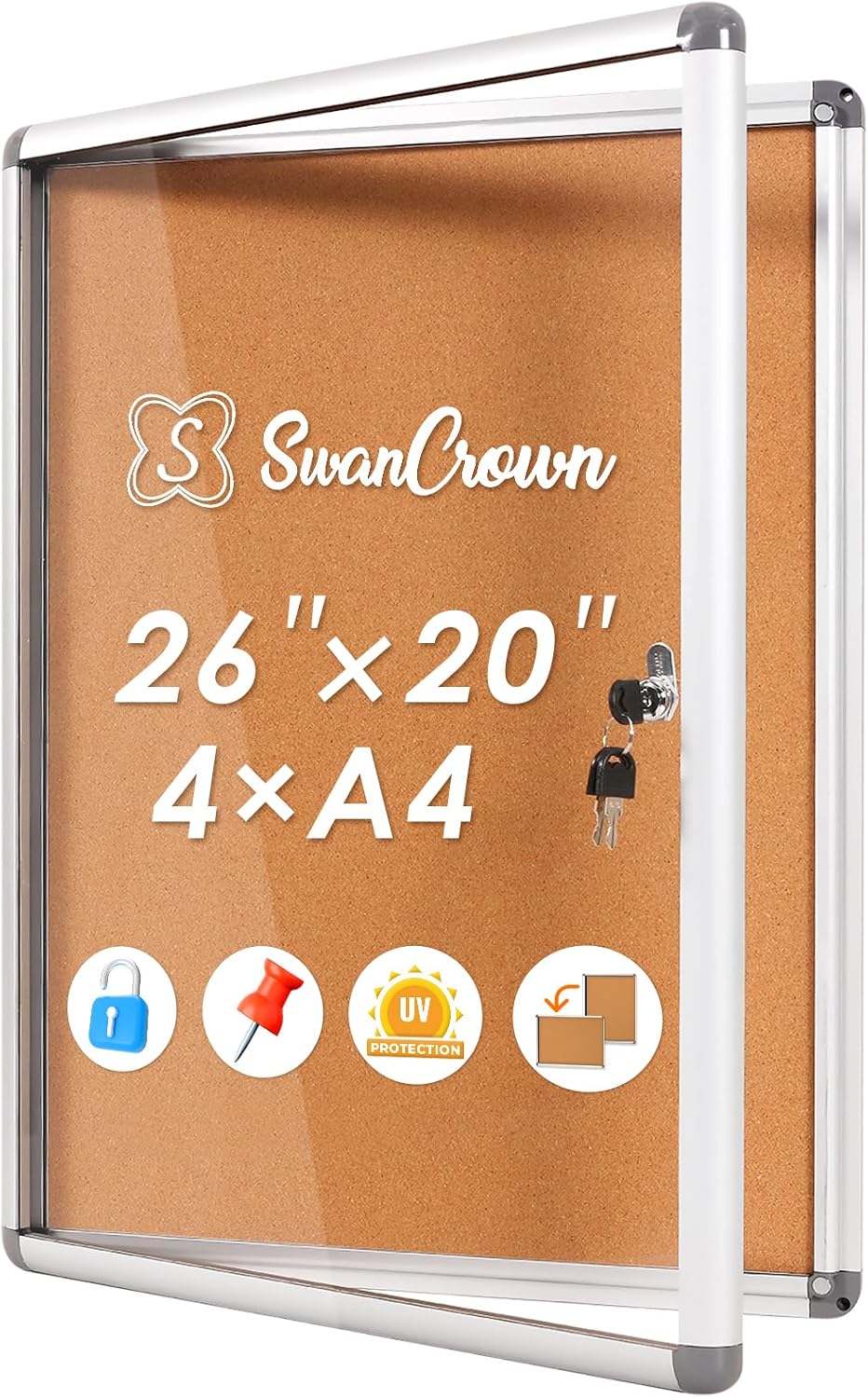 SWANCROWN 26x20 in Enclosed Bulletin Board, Lockable Cork Board Wall 4xA4