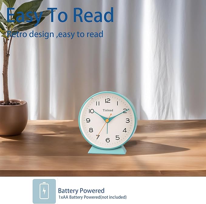 Tinload 4.5" Battery Operated Retro Analog Alarm Clock, Small Silent Bedside - Image 3